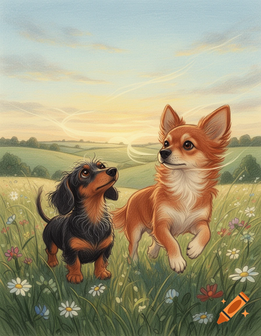 A black and tan dachshund and a tan Chihuahua-like dog stand in a field of wildflowers at sunset, in a charming drawing style.