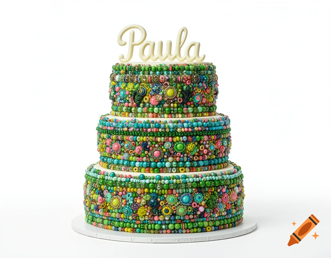 Three-tiered cake decorated with colorful craft beads and the name 'Paula' on top, against a white background.