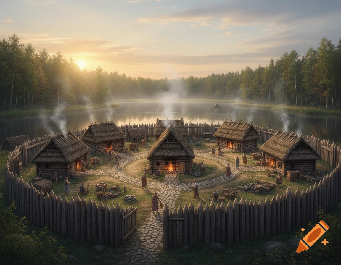 A fortified ancient village with thatched-roof huts and people, surrounded by a wooden palisade, next to a misty lake and forest at sunrise.