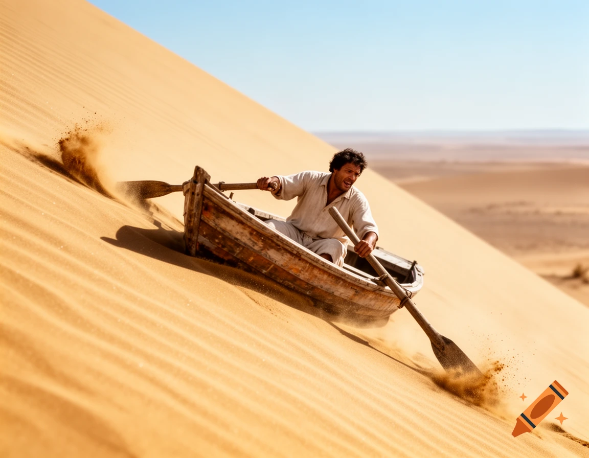 A man in a rustic rowboat slides down a steep sand dune, using an oar to propel himself, with sand kicking up behind him in a vast desert landscape.