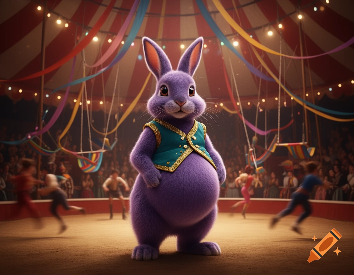 A fluffy purple anthropomorphic rabbit wearing a green and gold waistcoat stands in the center of a bustling circus ring.