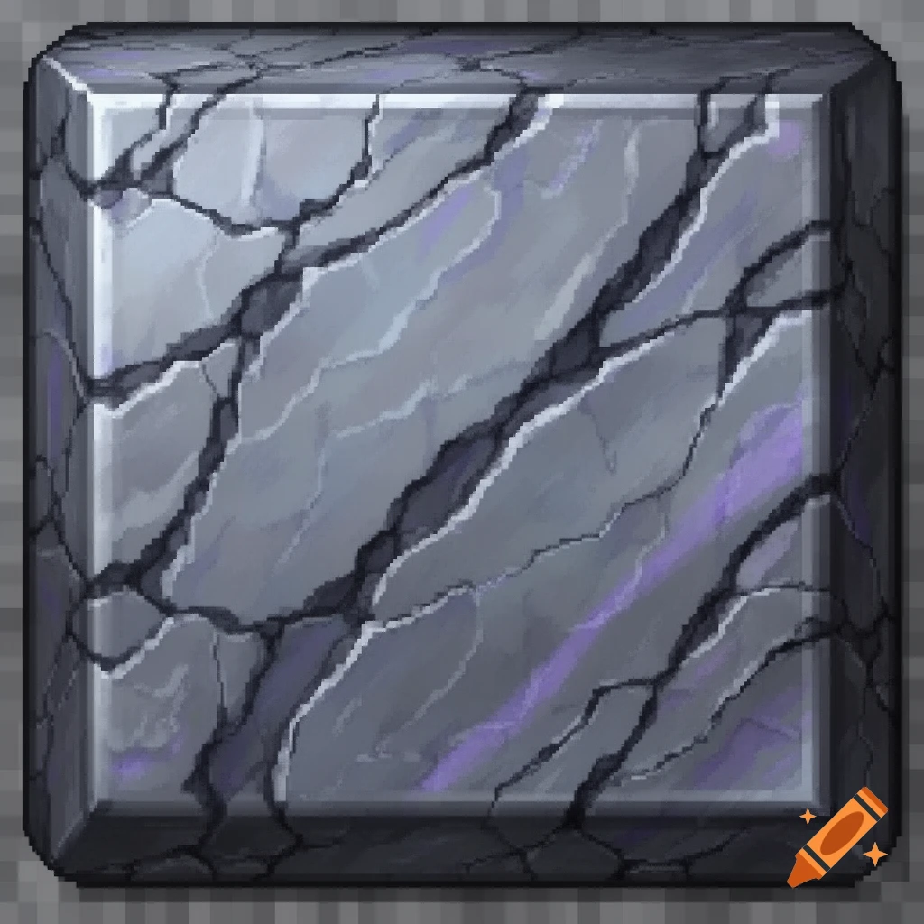 A pixel art block of grey, cracked rock with subtle purple streaks, resembling a Minecraft ore.