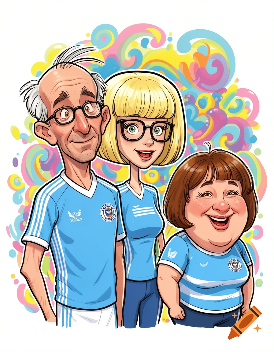 Cartoon drawing of an older man, a blonde woman, and a plump woman, all wearing light blue and white striped shirts, against a colorful swirling background.
