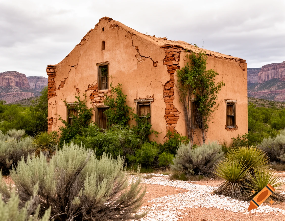 An old, crumbling adobe house with exposed brick and overgrown vegetation in a desert landscape with mountains under a cloudy sky.