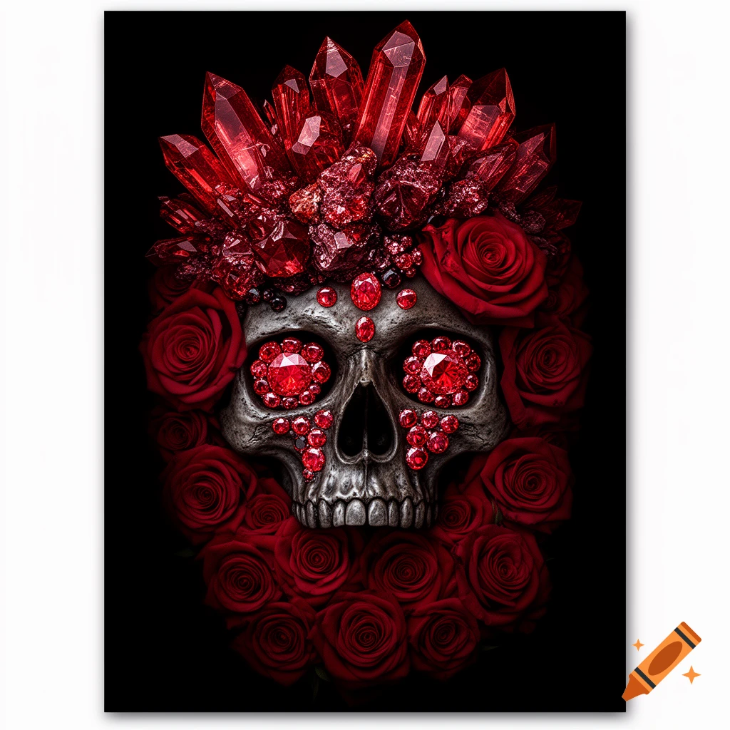 Dark fantasy illustration of a human skull adorned with red roses and crimson crystals on a black background.
