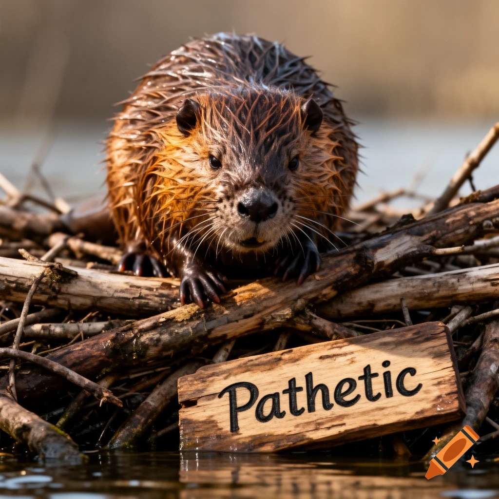 Close-up photorealistic image of a wet beaver on its dam, looking directly at the viewer, with a wooden sign in front reading 'Pathetic'.