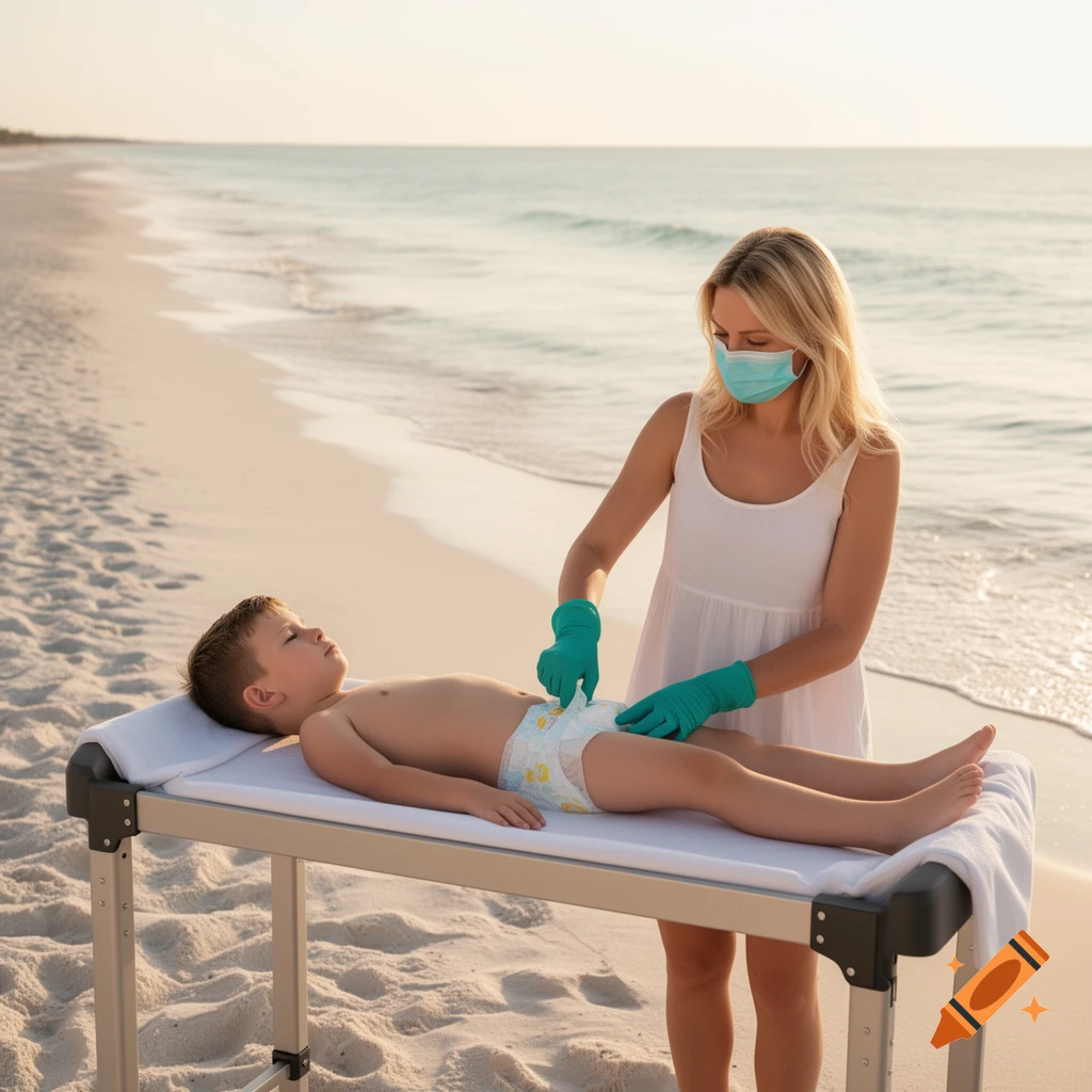 A woman in a mask and gloves changes a diaper on a child lying on a changing table at the beach in a photorealistic style.
