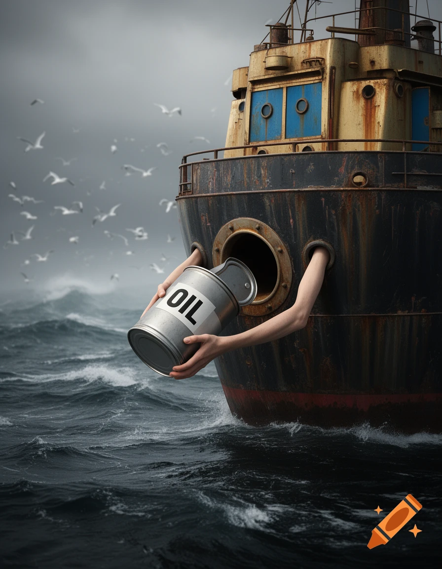 Anthropomorphic ship with human arms pouring oil from a can into its side on a stormy sea, surrounded by seagulls, photorealistic.