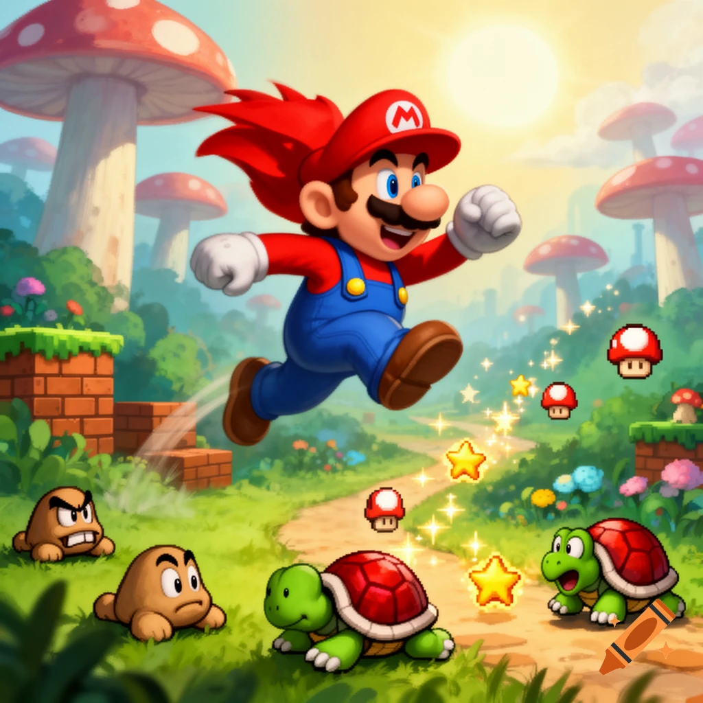 Mario jumps through a colorful mushroom kingdom with Goombas, Koopa Troopas, and sparkling stars.
