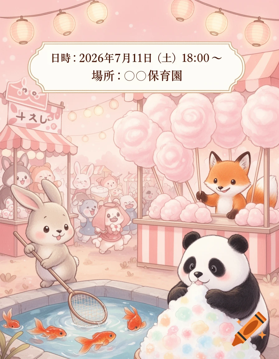 Cute cartoon animals at a pink-themed Japanese summer festival, with a bunny goldfish scooping and a panda eating shaved ice, under lanterns.