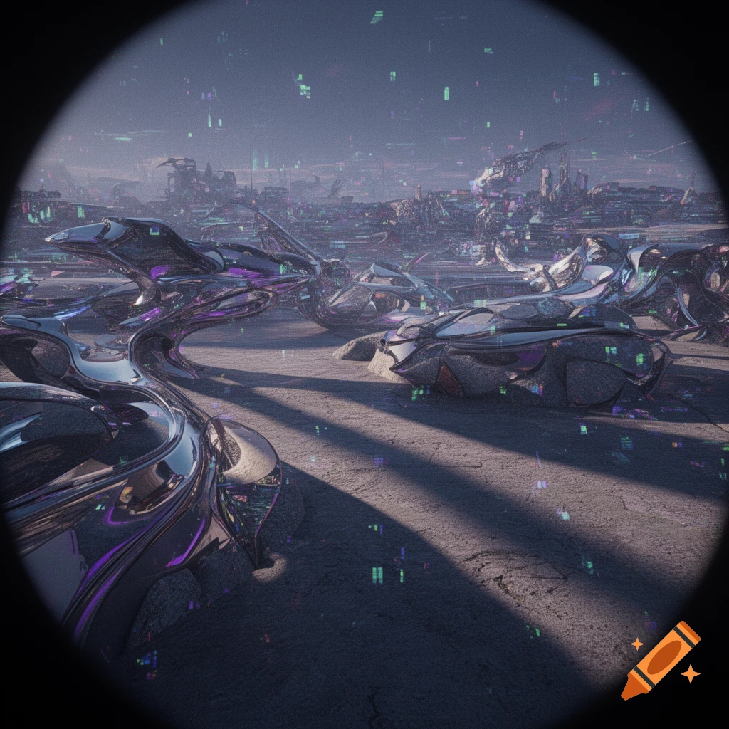 A futuristic, distorted landscape with shiny, abstract structures and glowing digital artifacts, viewed through a circular vignette.