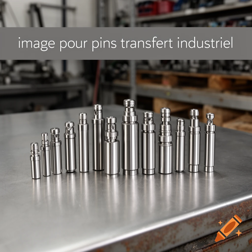 Shiny metal industrial pins of various sizes arranged on a metal surface in a workshop setting.