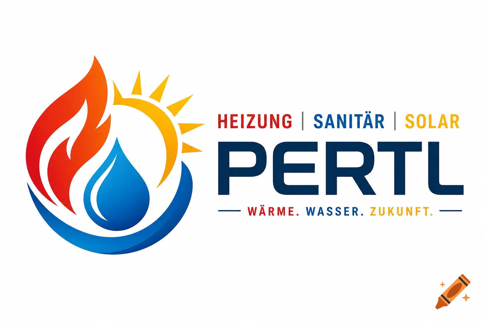 Modern logo with flame, sun, and water drop. Text: HEIZUNG SANITÄR SOLAR PERTL, WÄRME WASSER ZUKUNFT.