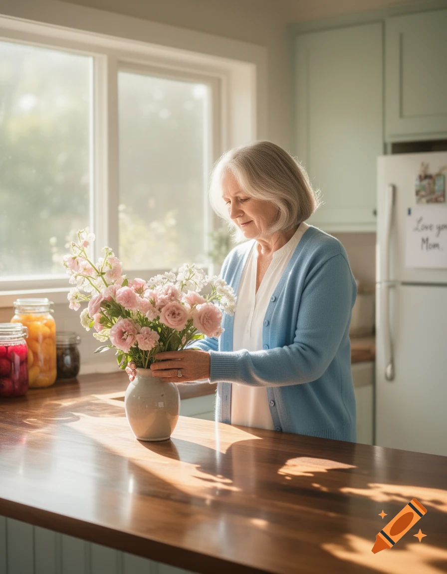 Elderly woman arranging pink and white flowers in a vase on a sunlit kitchen counter, photorealistic.