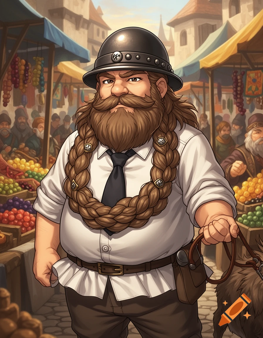 Stylized illustration of a burly dwarven merchant with a braided beard, boiler hat, shirt, and tie, holding a leash in a bustling market.