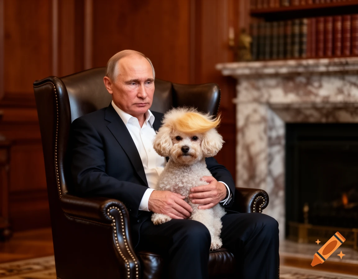 Vladimir Putin sits in a leather armchair, holding a white poodle with blonde hair styled like Donald Trump, in an ornate room.