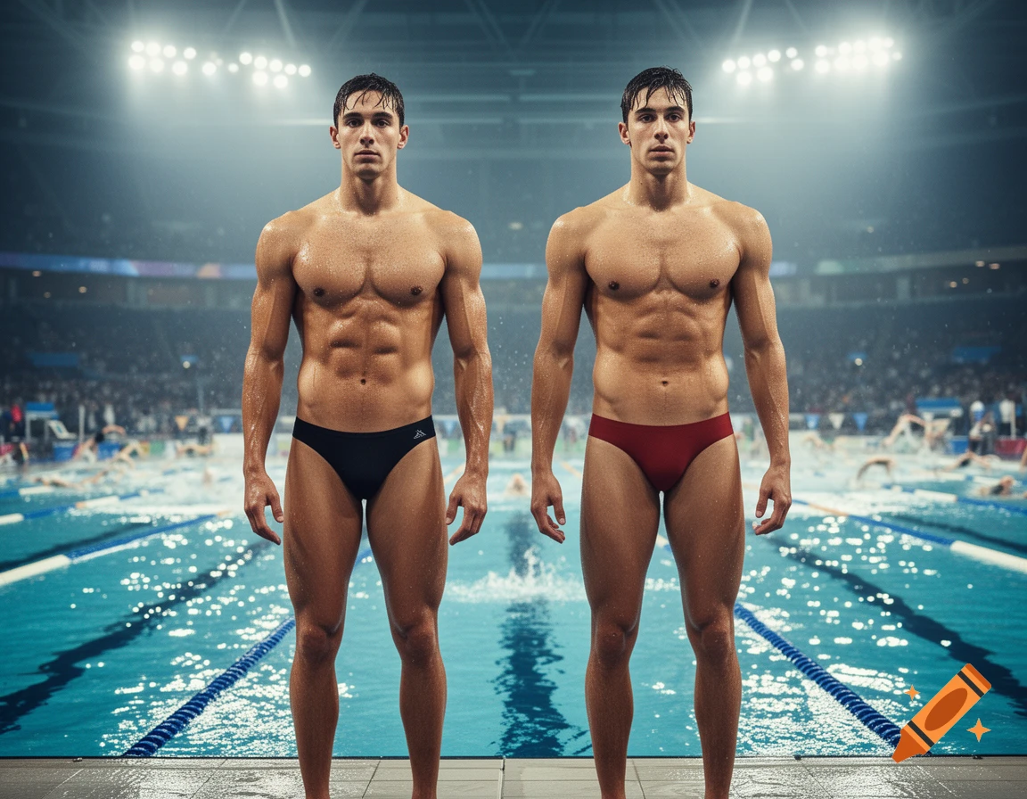 Two muscular male swimmers in black and red briefs stand by a brightly lit pool, looking at the camera.