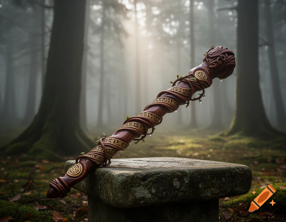 A detailed, carved wooden staff with golden runic patterns and green vines, glistening with dewdrops, rests on a mossy stone in a misty forest.