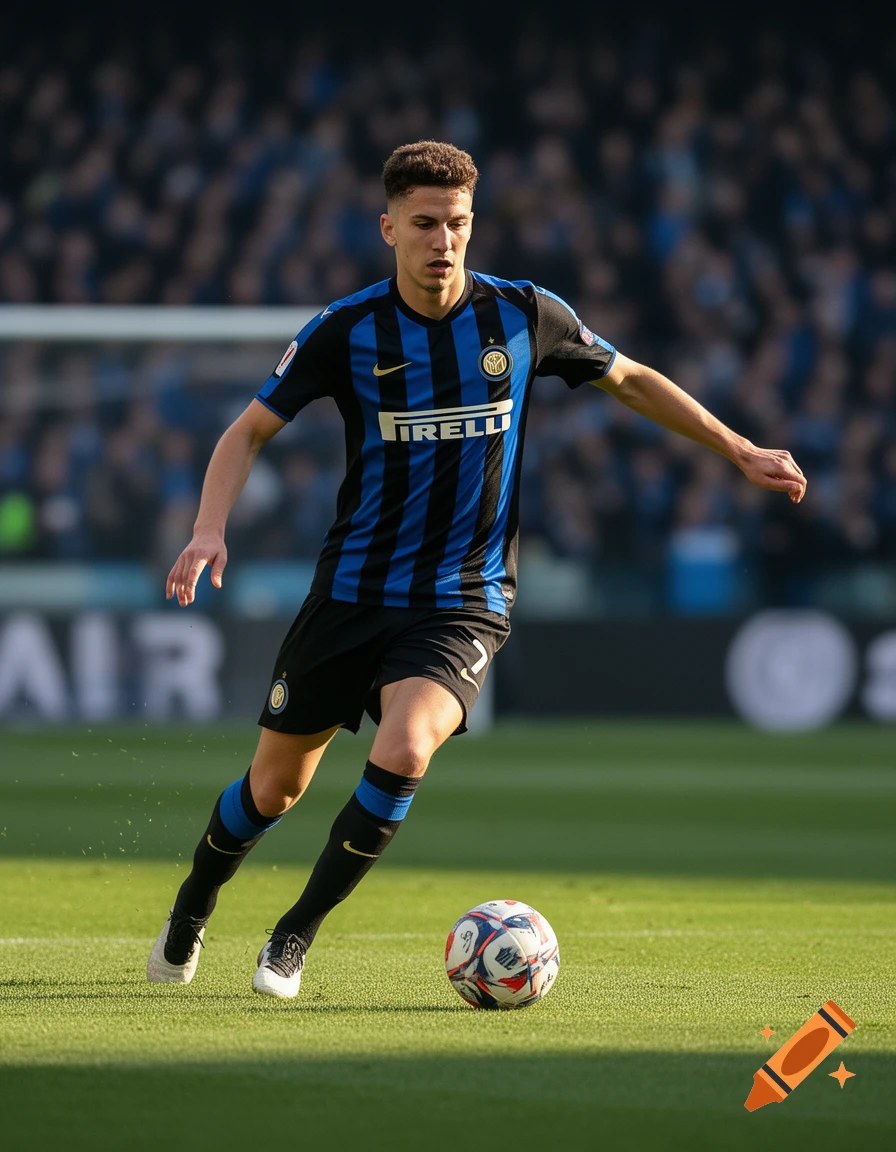 A male soccer player in a blue and black striped jersey dribbles a ball on a green field in a stadium.