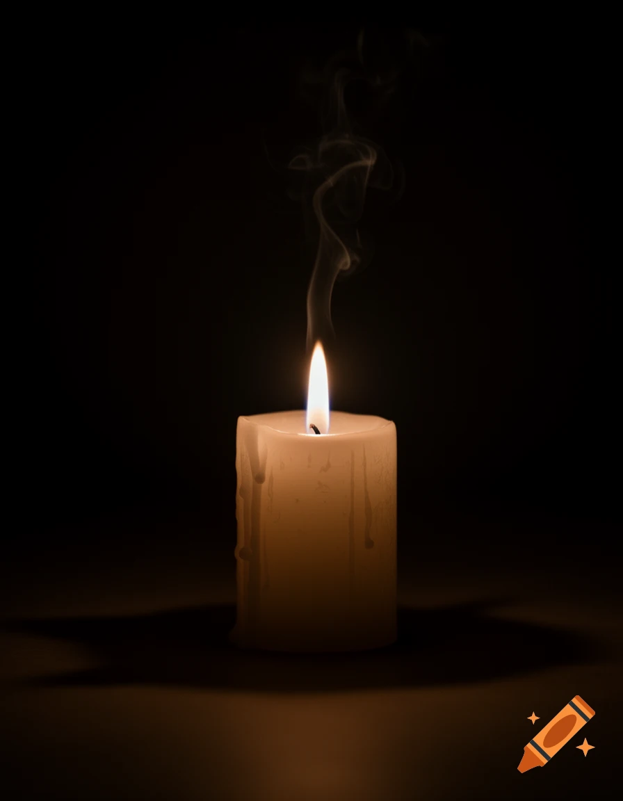 A single lit candle with dripping wax and subtle smoke rising in a dark room, featuring a warm glow and shallow depth of field.