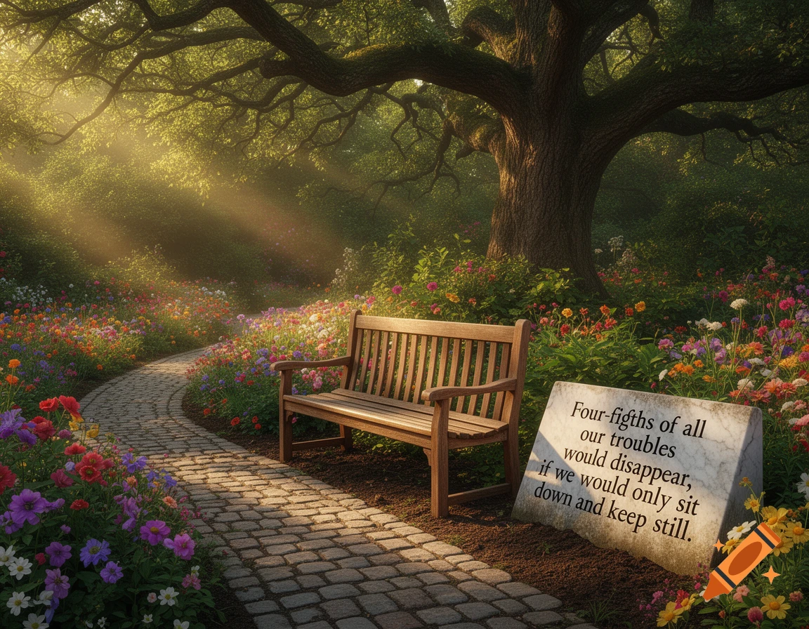 A wooden bench and an inscribed stone along a winding path in a sun-dappled park, surrounded by lush trees and vibrant wildflowers.