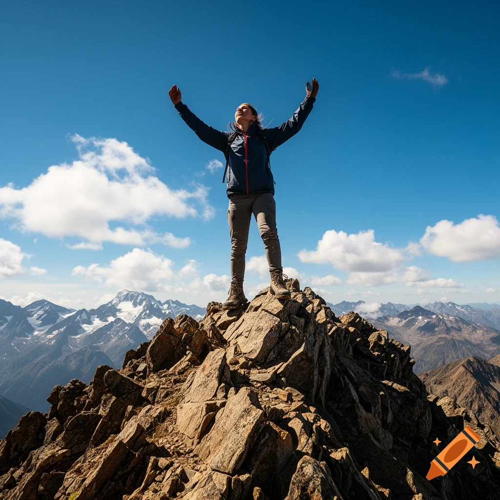 A person stands triumphantly on a rugged mountain peak with arms raised, under a clear blue sky with white clouds and distant snow-capped mountains.