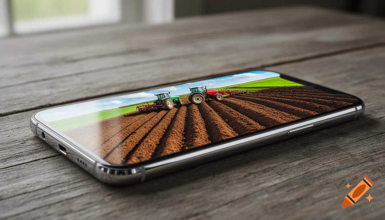 Photorealistic image of a smartphone displaying a farm scene with two tractors plowing a field, resting on a wooden table.