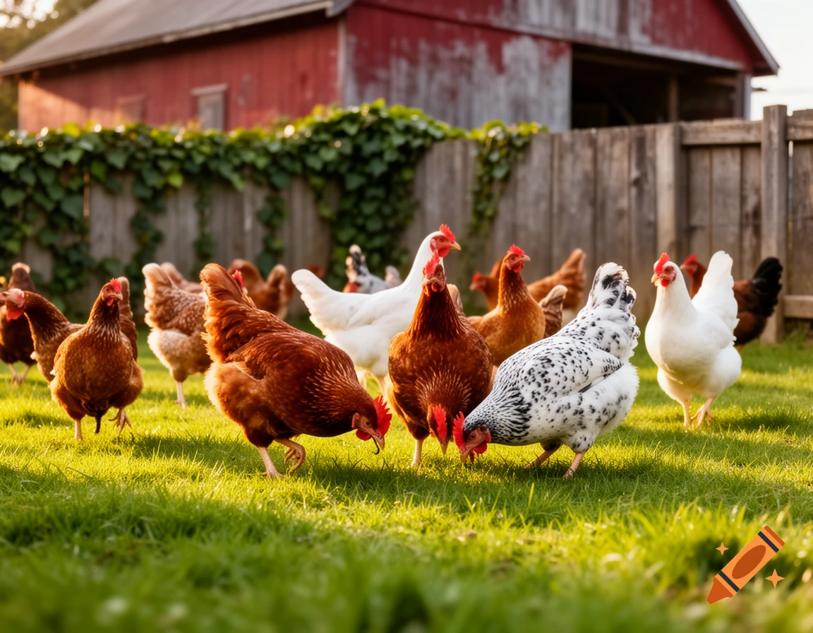 A group of chickens, including brown, white, and speckled varieties, forage on green grass in front of a rustic wooden fence and a red barn at sunset.