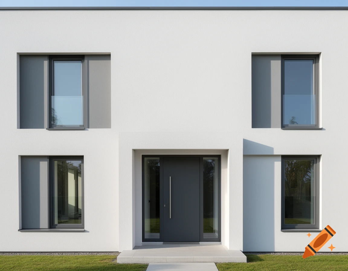 Front facade of a minimalist two-story modern house with a dark grey door and windows, photorealistic.
