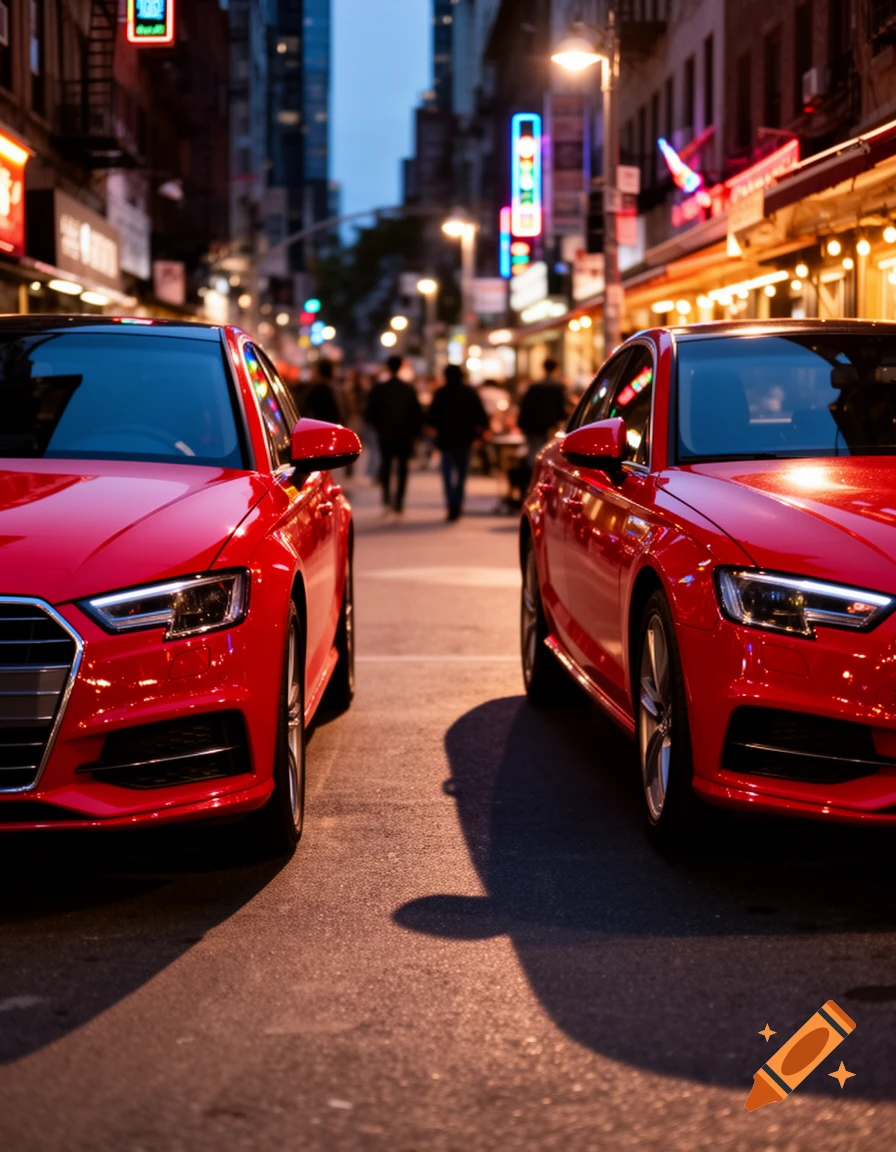 Two shiny red sports cars parked facing each other on a dimly lit city street at night, with blurred neon signs in the background.