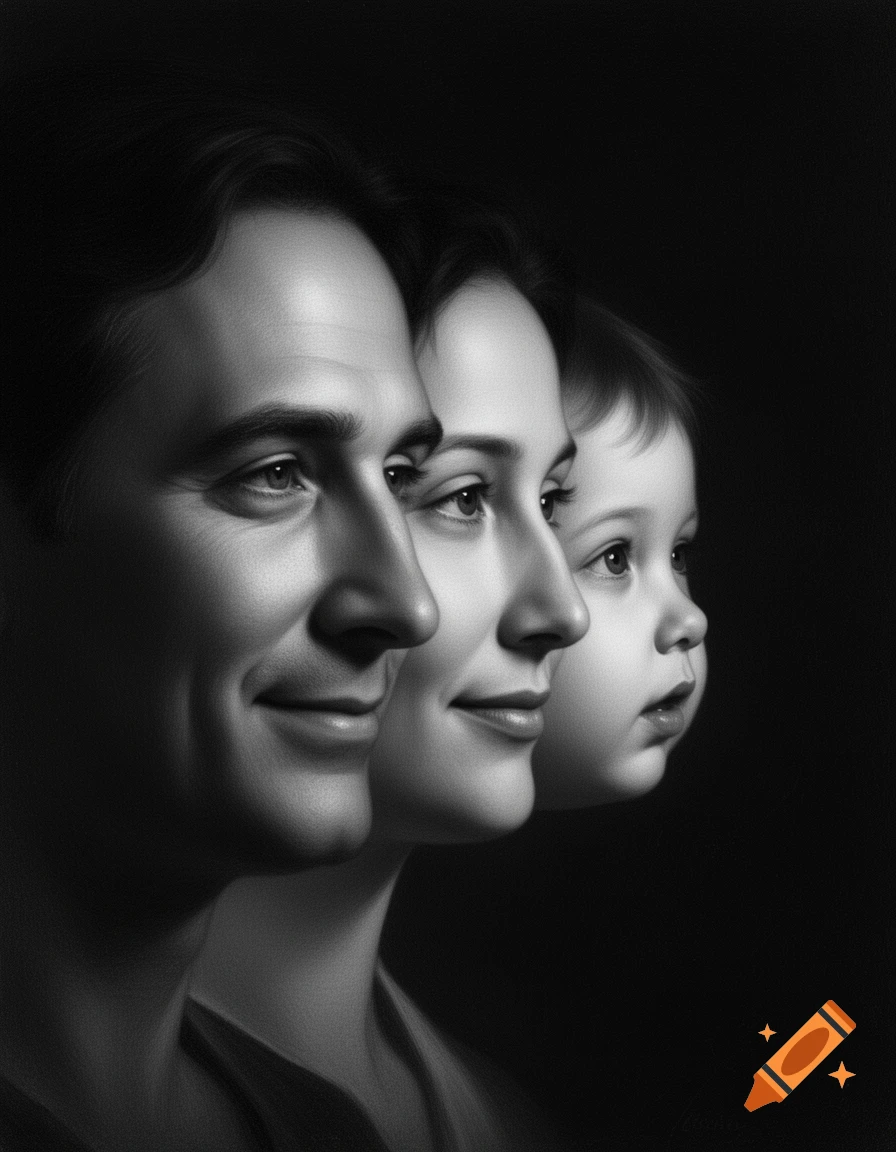 A black and white composite portrait of a man, woman, and child in profile, aligned to show generational depth.