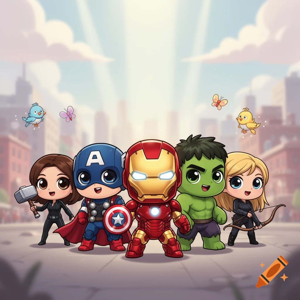 Chibi versions of Captain America, Iron Man, Hulk, Black Widow, and Hawkeye stand together in a cartoon city.