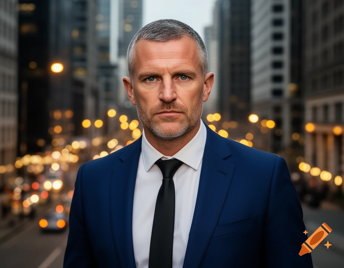 A serious-looking man in a blue suit and black tie stands against a blurred city background at dusk.