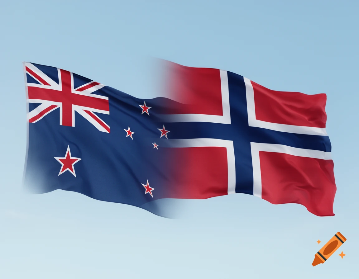 Photorealistic image of the New Zealand flag waving and transitioning into the Norwegian flag against a light blue sky.