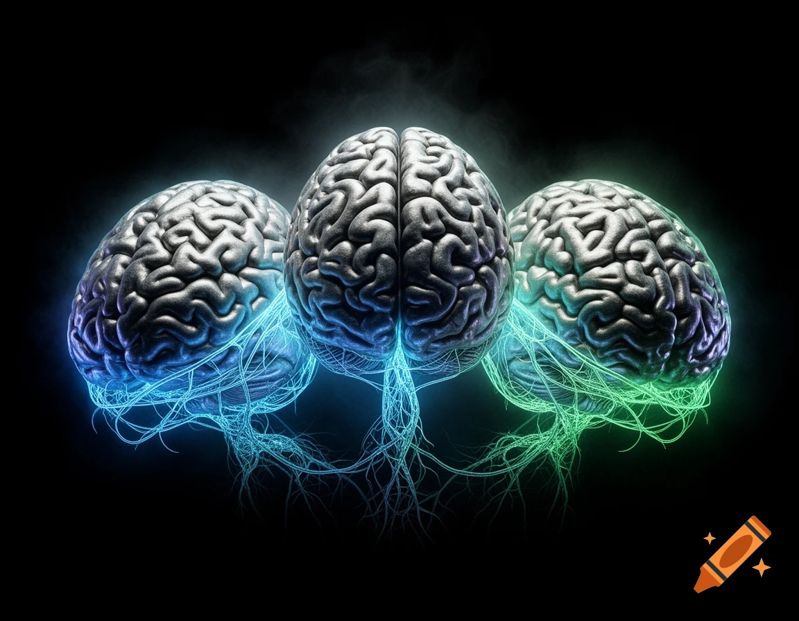 Three stylized brains connected by glowing blue and green neural networks on a dark background.
