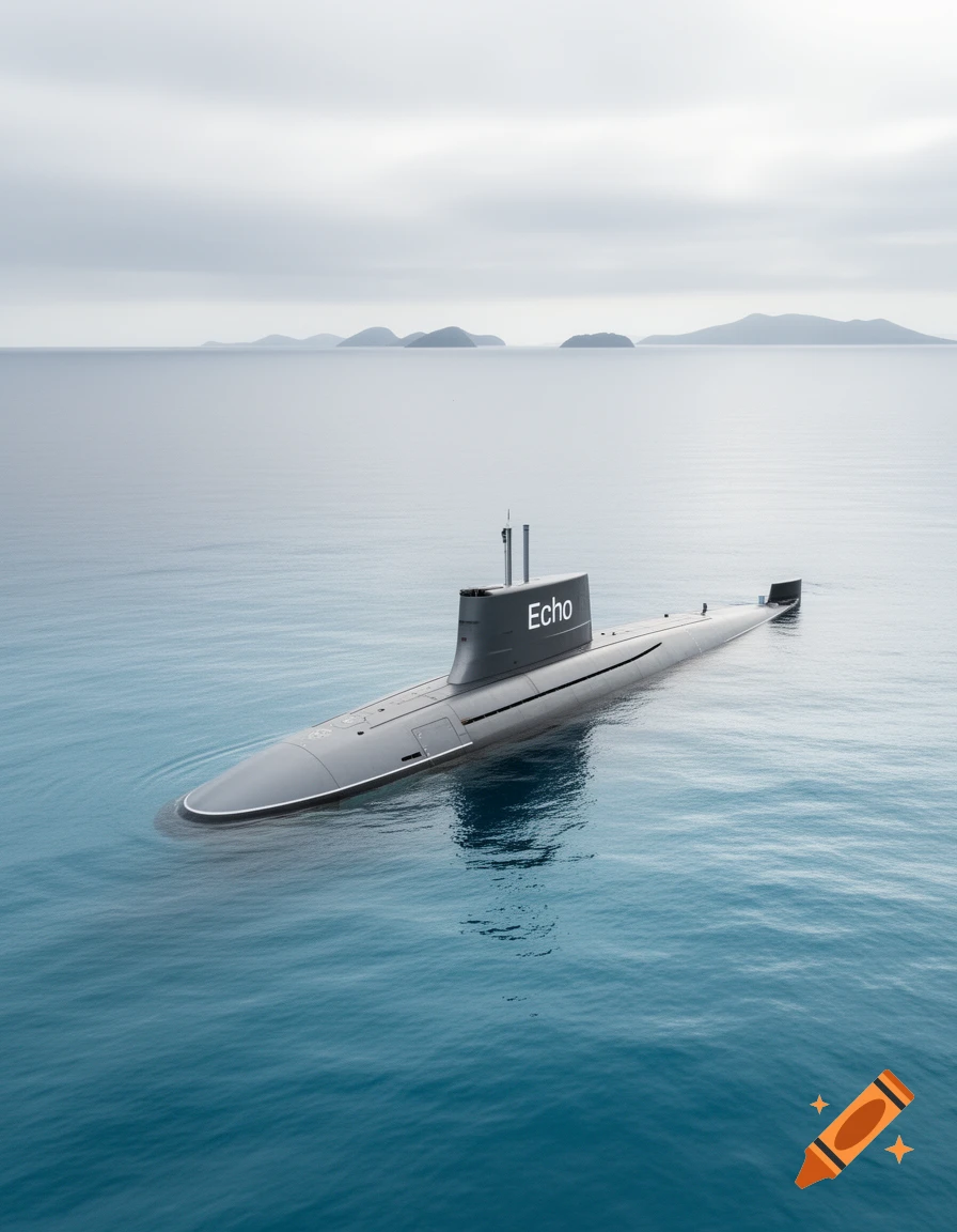 Photorealistic grey submarine named 'Echo' partially submerged in calm blue ocean with distant islands under a cloudy sky.