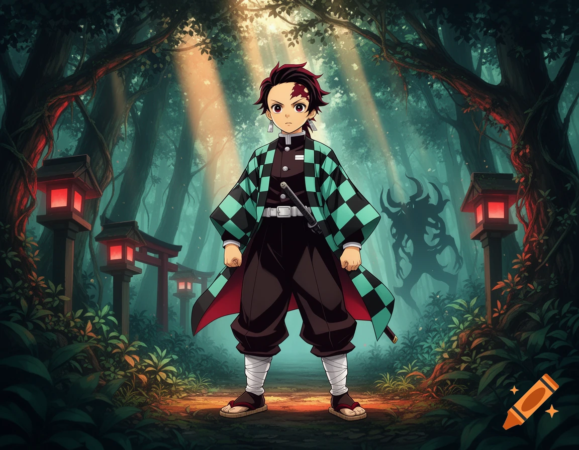 Anime character Tanjiro Kamado stands in a mystical forest with red lanterns and a shadowy demon in the background.