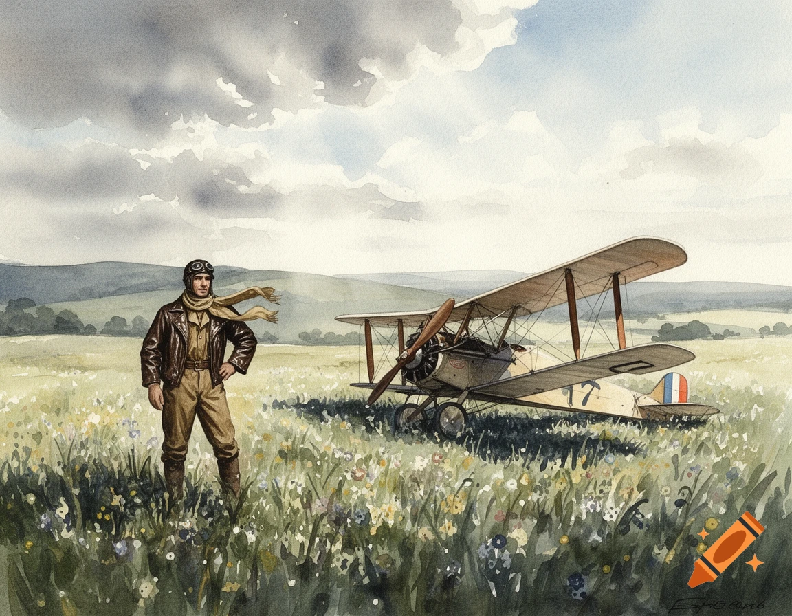 Watercolor painting of a WWI pilot standing in a flower-filled meadow next to his biplane under a cloudy sky.