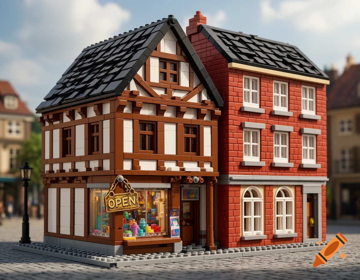 A detailed Lego modular building featuring a half-timbered shop with an 'OPEN' sign and a red brick residential house.