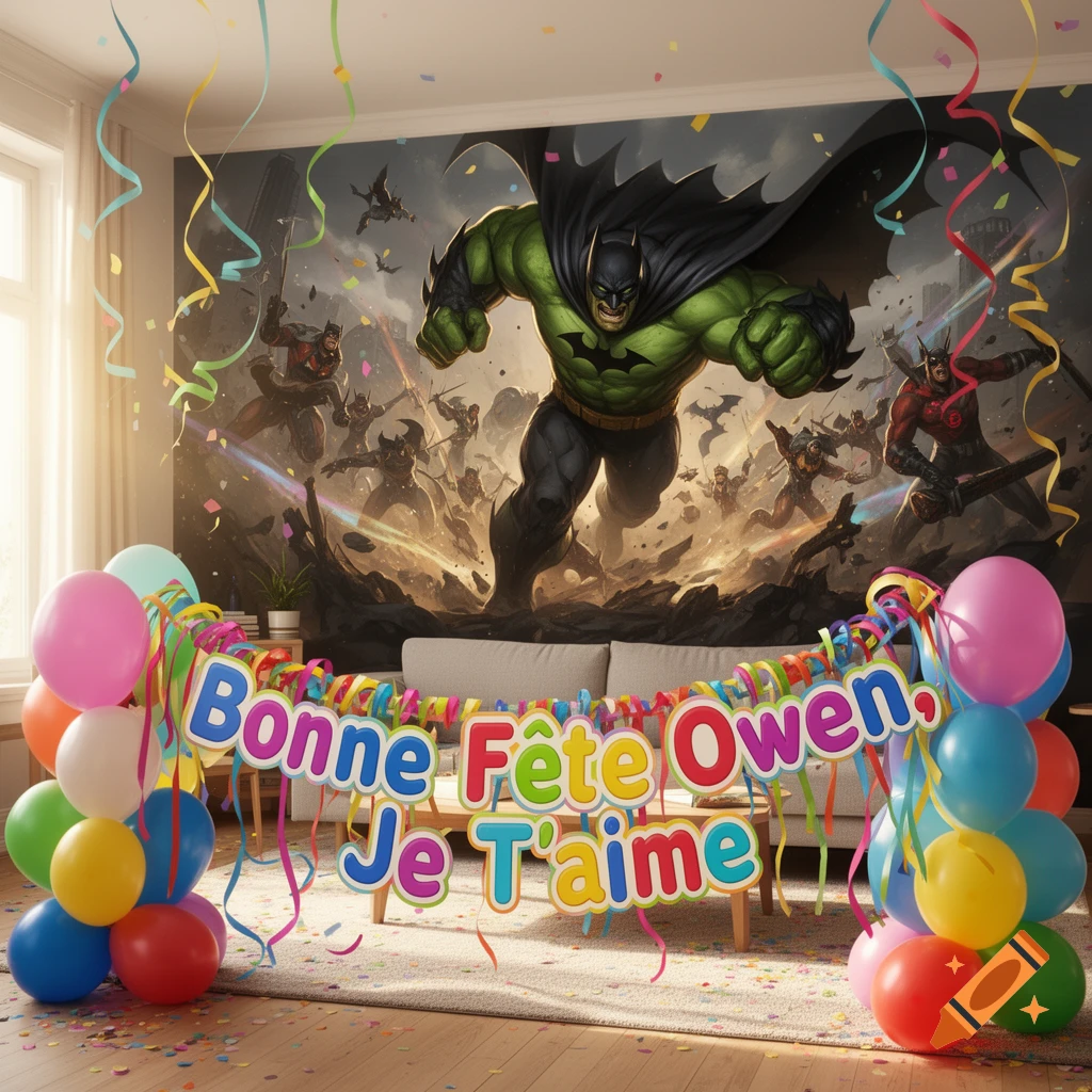 A room decorated for a birthday with balloons, confetti, and a banner reading "Bonne Fête Owen, Je T'aime". The background features a large mural depicting a muscular green Batman-like figure leading other superheroes in a dynamic battle scene.