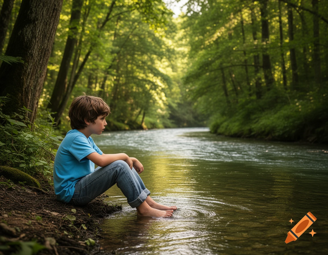A young boy with bare feet sits on the bank of a winding river in a lush green forest, looking out over the water.