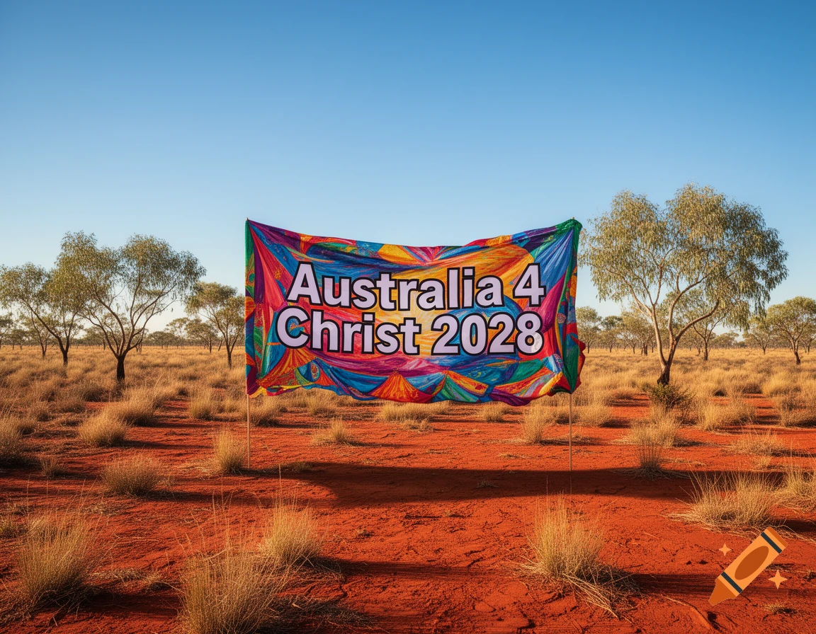 A colorful banner displaying "Australia 4 Christ 2028" stands prominently in a vast, arid red desert landscape with sparse dry grass and trees under a clear blue sky.