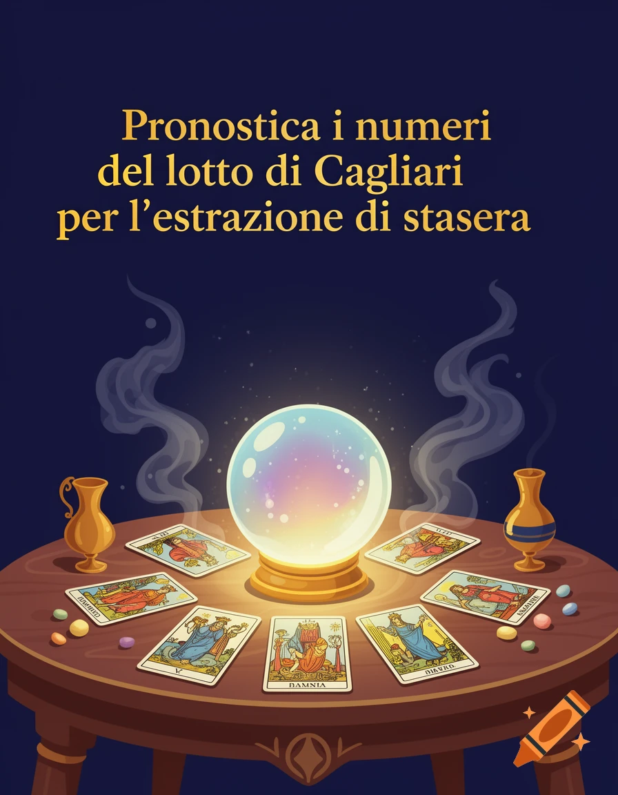 An illustration of a glowing crystal ball surrounded by tarot cards and small colorful candies on a wooden table, against a dark starry background. Italian text 'Pronostica i numeri del lotto di Cagliari per l'estrazione di stasera' floats above.