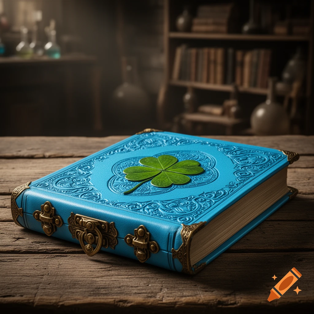 A blue grimoire with a four-leaf clover on a wooden table in a dimly lit study.