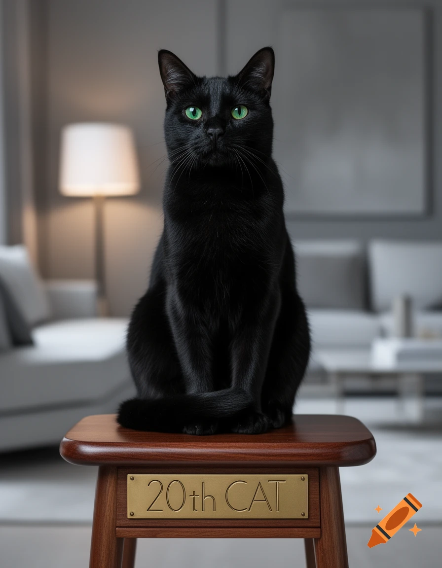A photorealistic black cat with vibrant green eyes sits upright on a wooden stool with a '20th CAT' plaque in a modern living room.