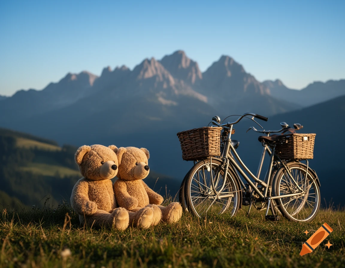 Two teddy bears sit on a grassy hill, gazing at mountains. Two vintage bicycles with wicker baskets are parked beside them.