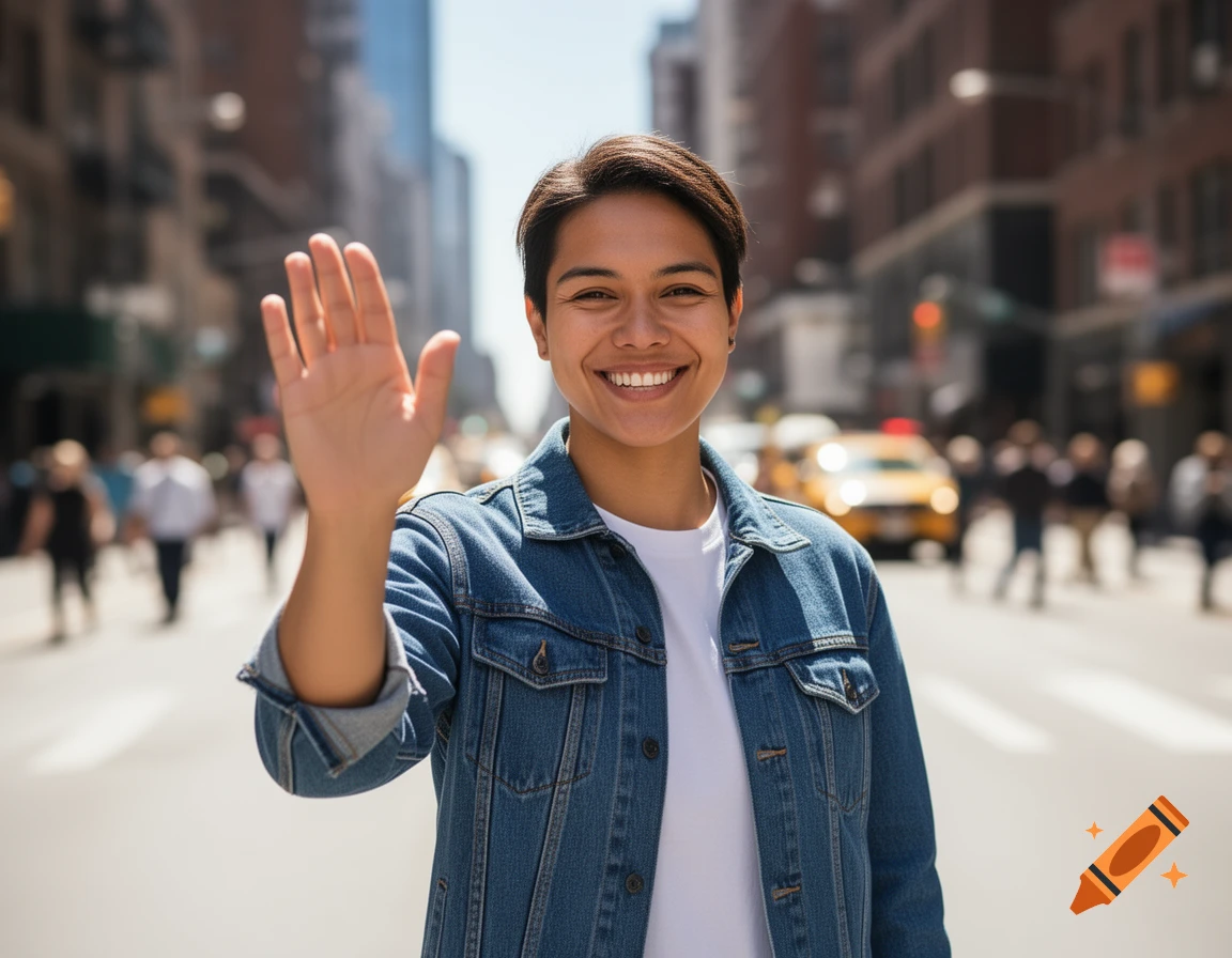 A smiling person with short hair in a denim jacket waves hello on a sunny city street.