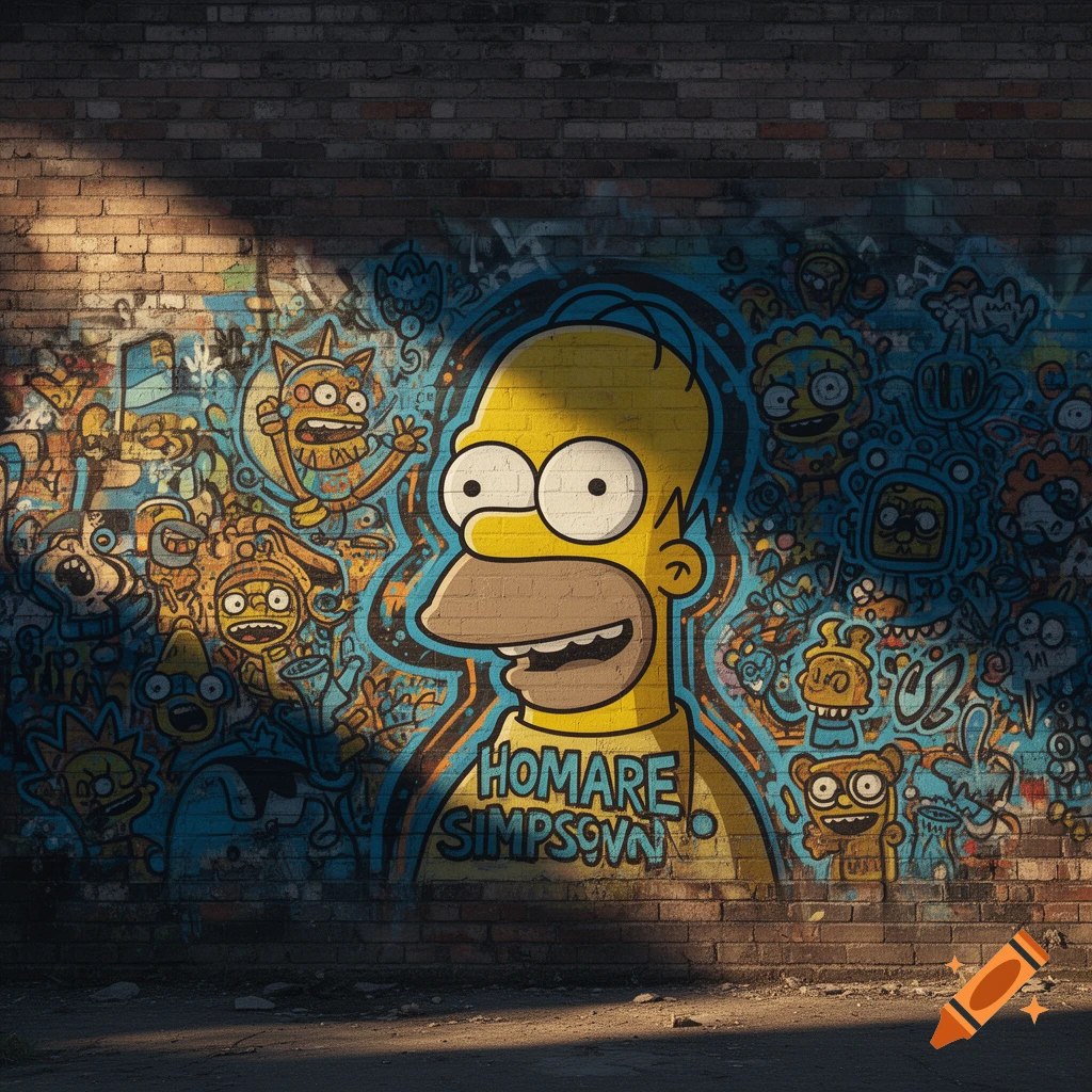 Graffiti mural of Homer Simpson on a brick wall, surrounded by blue and orange cartoon characters, with sunlight.
