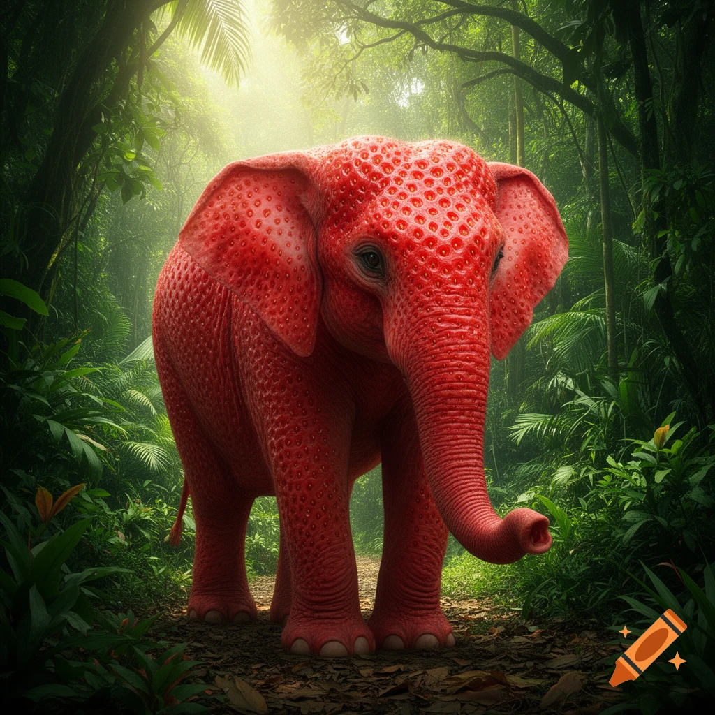A large red elephant with strawberry-textured skin stands on a path in a lush green jungle, bathed in sunlight.