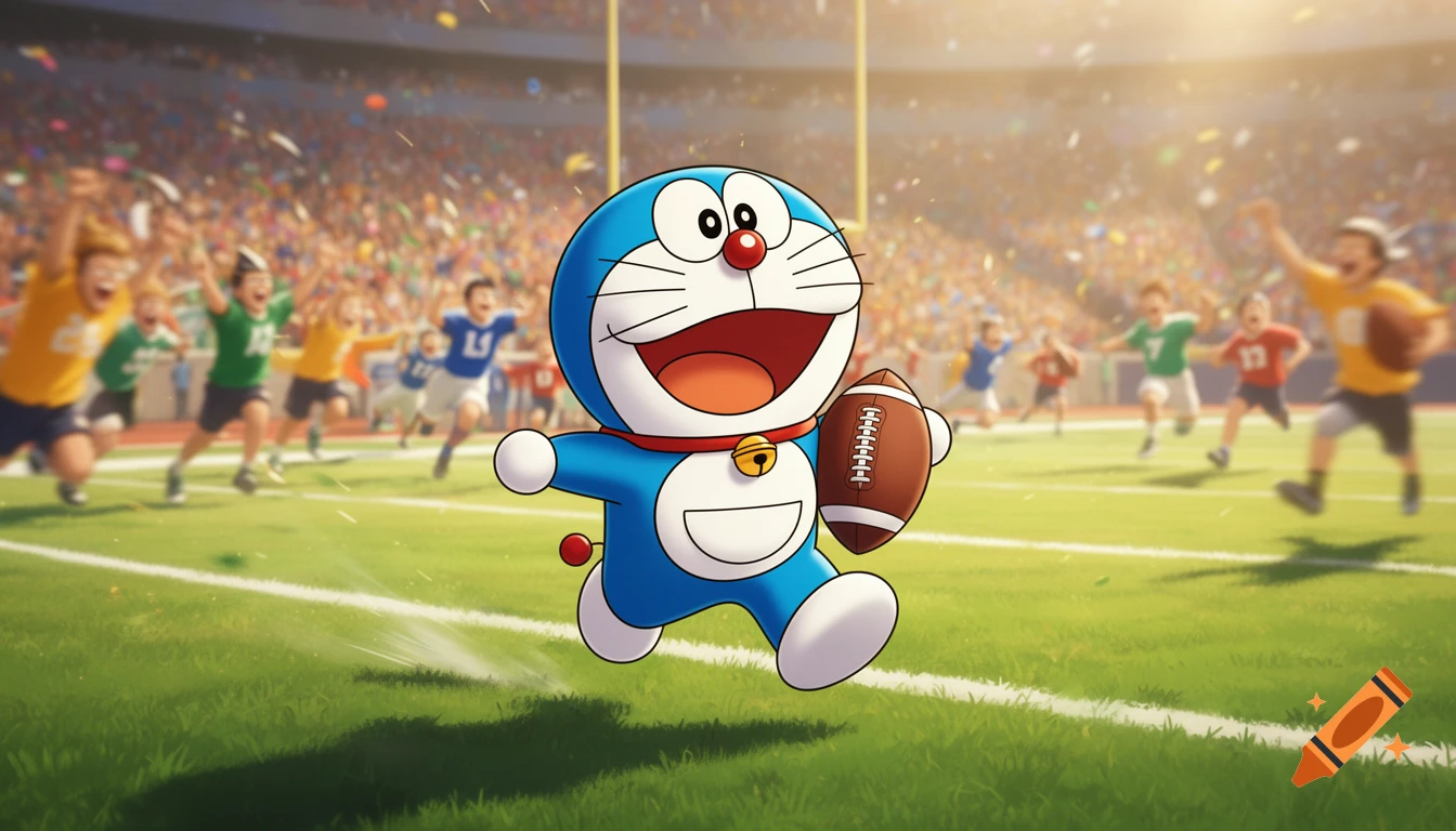 Doraemon, a blue robot cat, runs on a football field holding an American football with a cheering crowd in a bright stadium.
